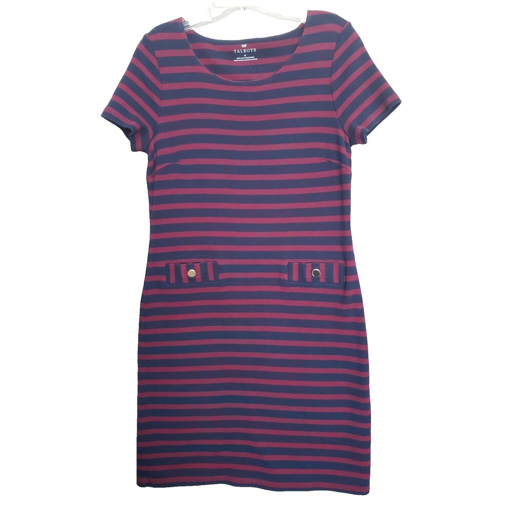 Talbots 100% Cotton Red/Blue Striped Short Sleeve Knit T-Shirt Dress Size Medium